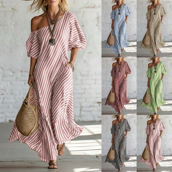 Womens Summer Dress Ndbuld Women Asymmetrical One Shoulder Puff Sleeve Striped Maxi Dress Loose Casual Beach Dress Red M