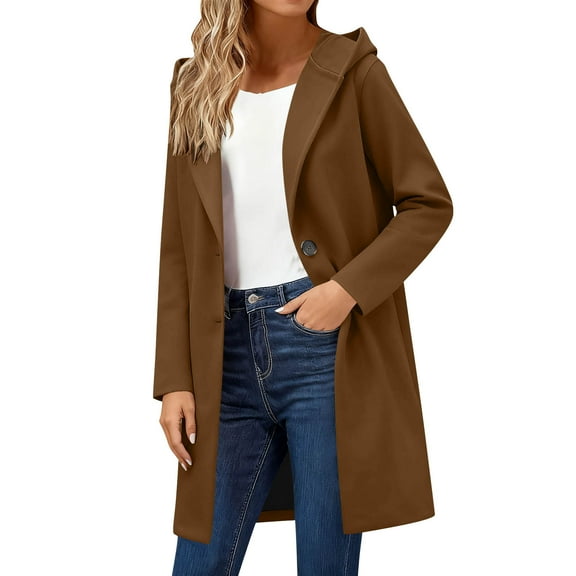 FAIWAD Pea Coats for Women Lapel Single Breasted Long Jacket with Hooded Casual Warm Fall Winter Trench Coat Outerwear