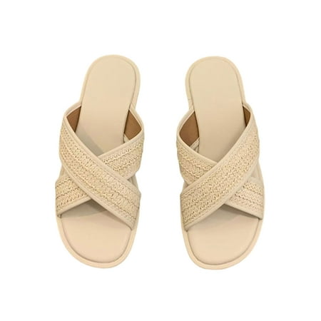 

Woobling Women Sldies Cross Strap Summer Sandal Slip On Flat Sandals Ladies Casual Shoes Fashion Beach Comfort Beige 7.5