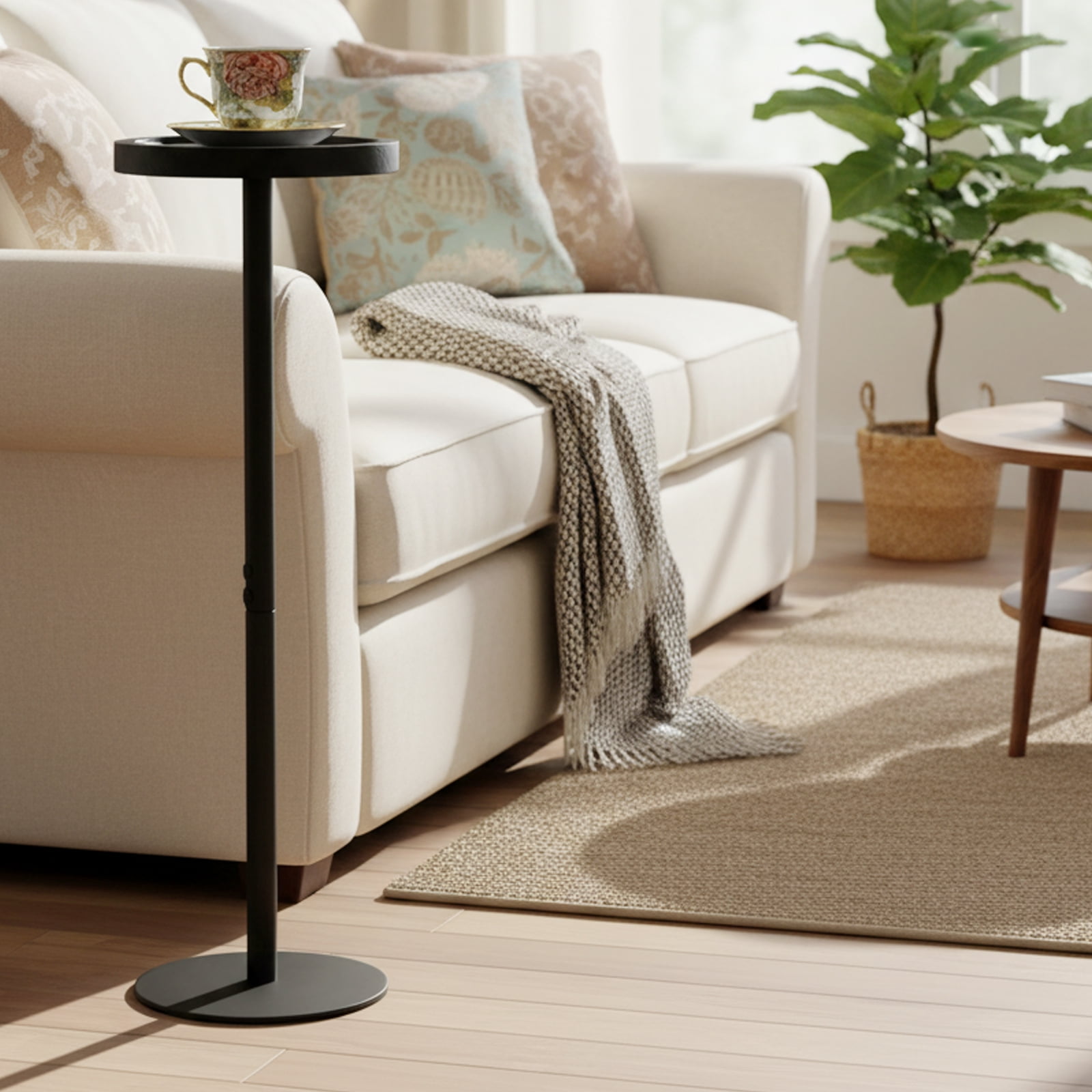 ManyFun Drink Table, Small Pedestal Side Table, Round Cocktail Table, Circle End Table with Metal Base, for Small Spaces, Walnut Brown & Black