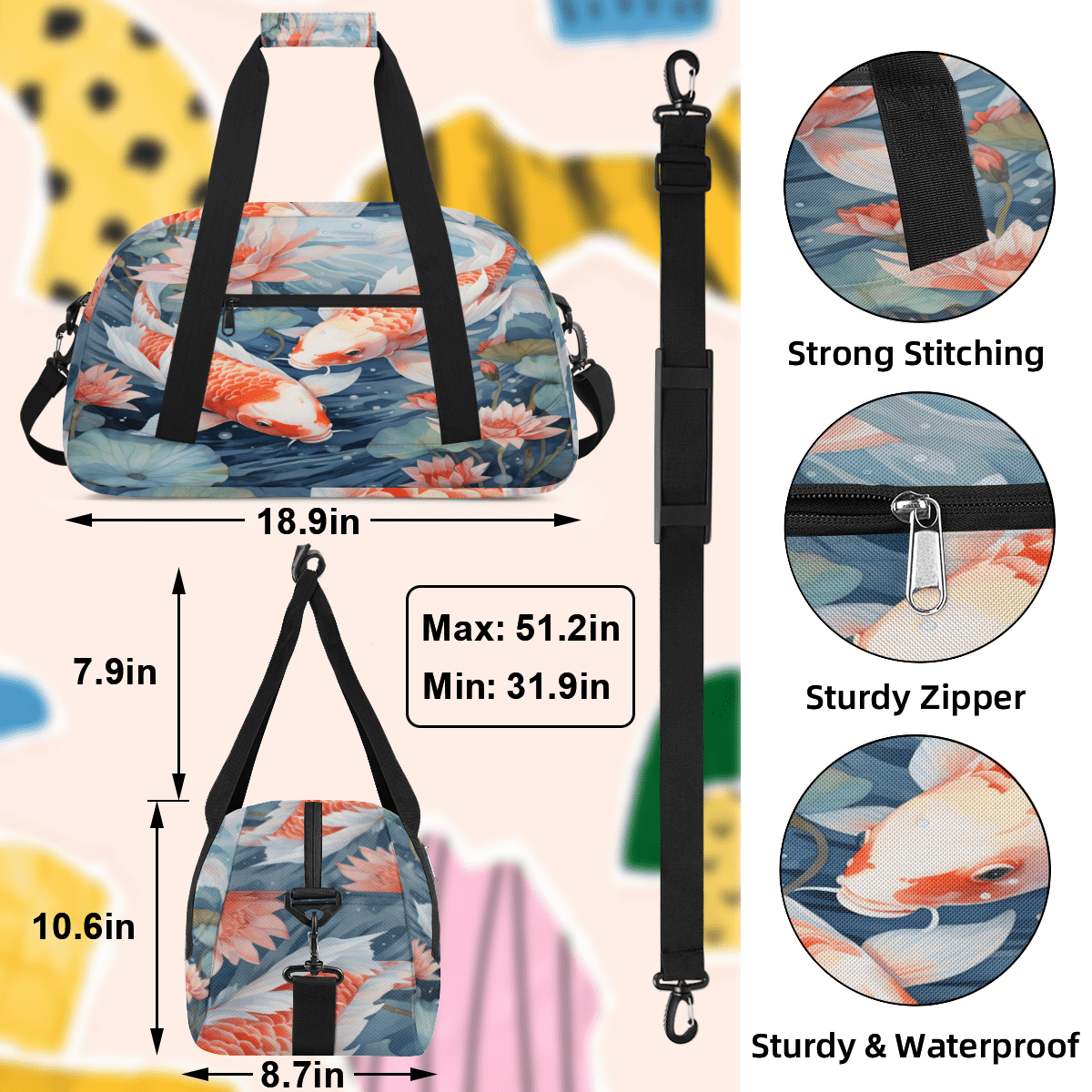 Herdesigns Colorful Carp Lotus Leaf Sports Duffle Bag for Women & Men, Japanese Art Gym Bag Dance Bag Overnight Bag Carry On Weekender Travel Bag