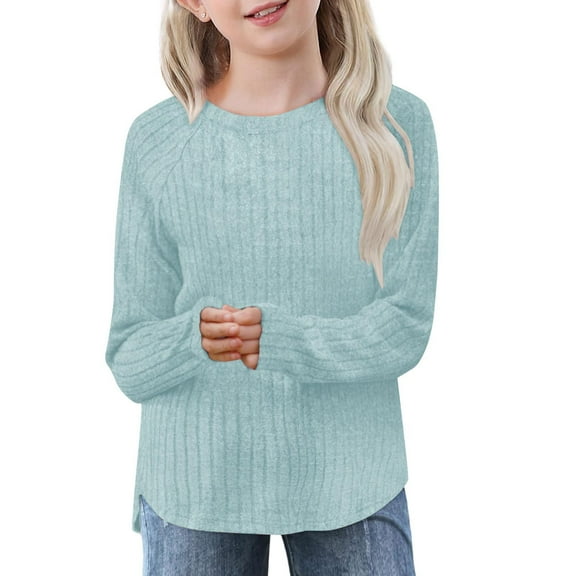 ABPWLY Clearance Kids Clothes Girls Kintted Tops for Kids Comfy Soft Knitted Ribbed Irregular Crewneck Sweater Tops Fashion Solid Long Sleeve Tops Girls Tops(Size:5 Years)