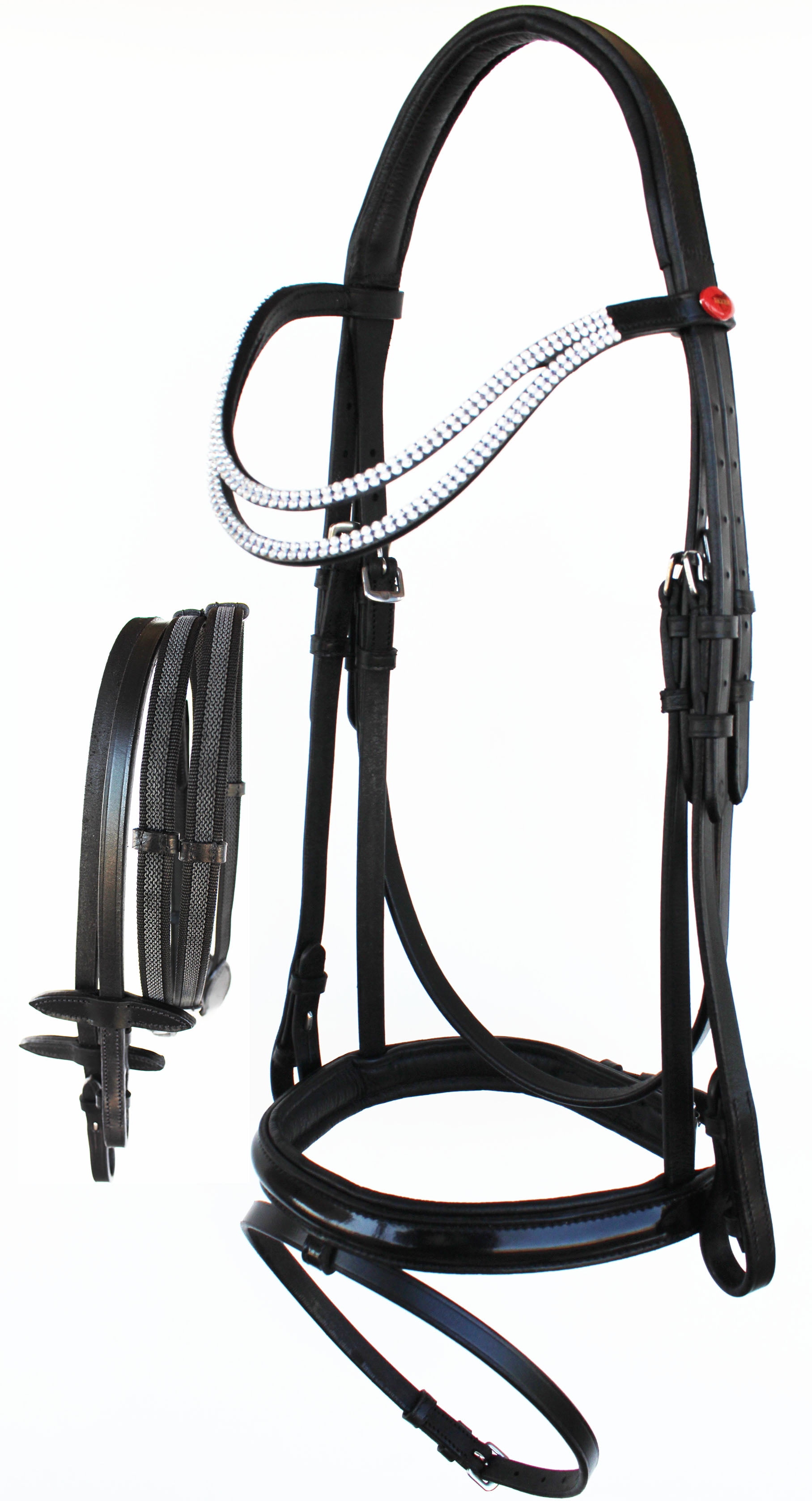 Cob Pony Leather Padded Comfort Bridle White Inner and Crystals Black Full 