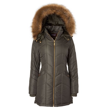 Sportoli Women's Long Down Alternative Puffer Coat Detachable Plush Lined Fur Trim Hood - Dark Sage