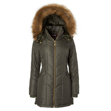 Sportoli Women's Long Down Alternative Puffer Coat Detachable Plush Lined Fur Trim Hood - Dark Sage (Best Hooded Down Jacket)