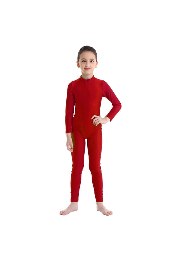 Kids Boys Girls Mock Neck Long Sleeve Unitard Leotard Full Length Body Suit Gymnastics Dance wear Red 7-8