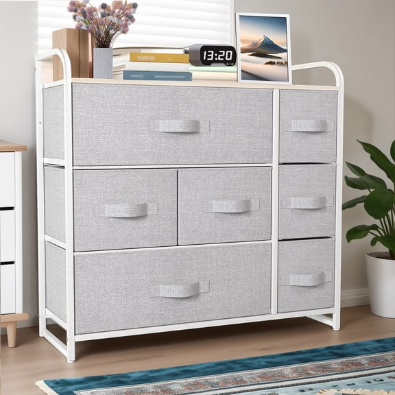ModFusion Wide Dresser Storage Organizer with 7 Various Fabric Drawer for Bedroom – Light Gray