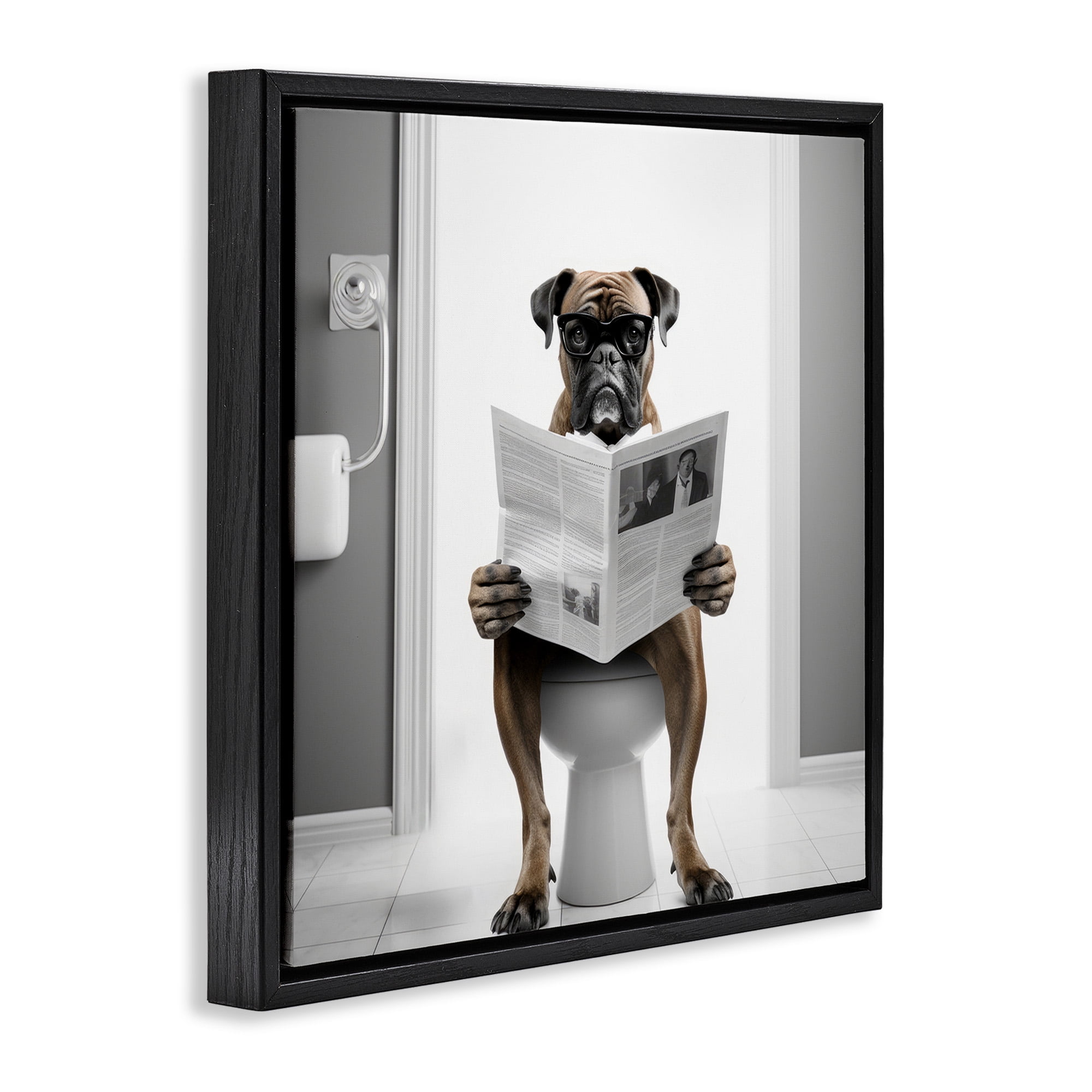 Stupell Industries Boxer Dog & Newspaper Animals & Insects Painting Black Floater Framed Canvas Art Print Wall Art, 18 x 18