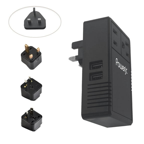 Powerjc Travel Step Down Power Converter Adapter Power 220V to 110V 2000W with 2 Outlets and 2 Smart USB Charging Black