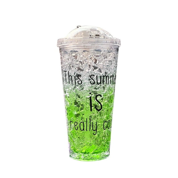 Qholemyo Outdoor Double-Layer Plastic Mug With Sliding Lid - Refrigeration Crushed Ice Tumbler, Summer Gradient Gel Straw Mug, Exquisite Gift Cup