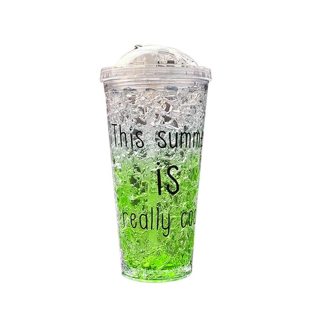 Leodye 1PCS Double-layer Gel Refrigeration Mug - Sliding Lid Gradient Cup with Straw, Summer Cold Drink Gift -8.66x3.94in