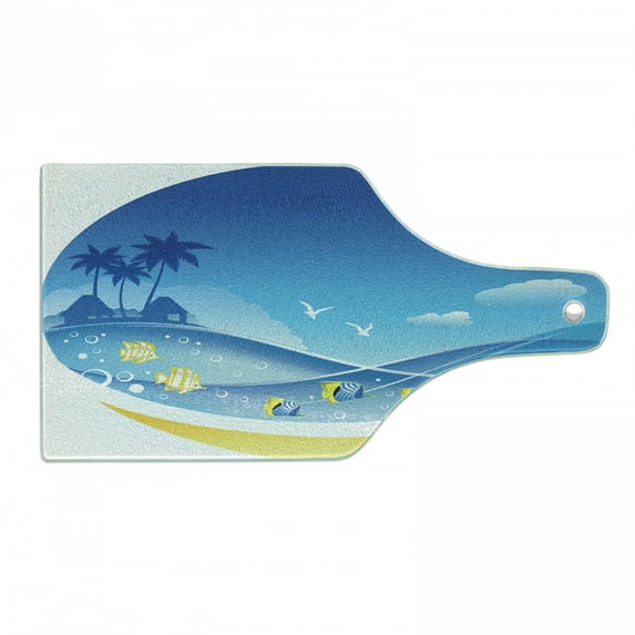 Tropical Animals Cutting Board, Exotic Sea Waves in Fauna Frame with Gulls and Coconut Trees Journey, Decorative Tempered Glass Cutting and Serving Board, Wine Bottle Shape, Blue Yellow, by Ambesonne