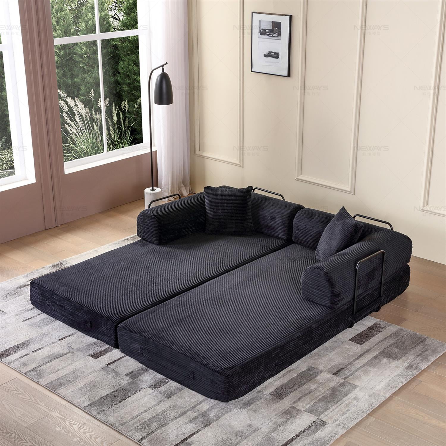 Demi Bonn 77" Convertible Sleeper Sofa Bed, Corduroy Foldable Mattress Couch with Cylindrical Pillow & Fixed Frame for Living Room, Bedroom, Black