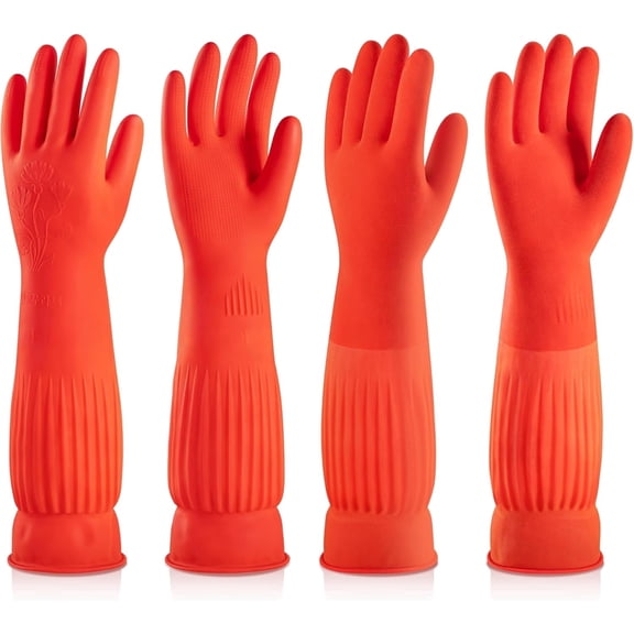 ThxToms 2 Pairs Fleece Lined Rubber Dishwashing Gloves, Waterproof Reusable Extra Long Cuffs (Large)