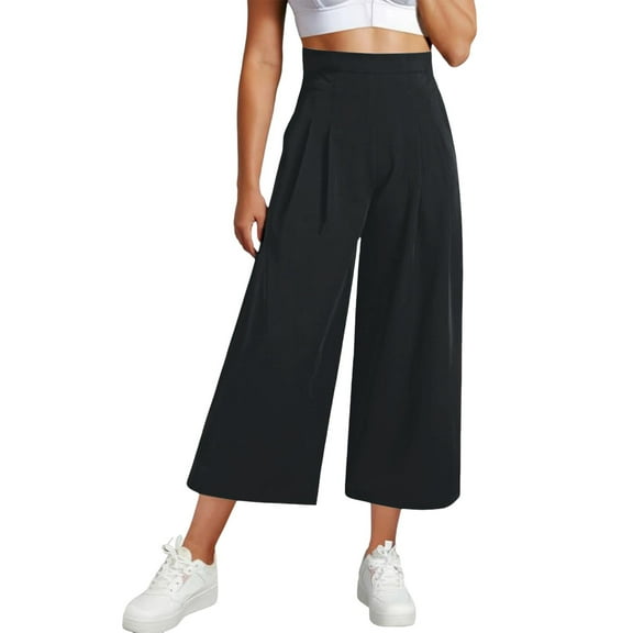 Womens Wide Leg Cropped Suit Pants - Business Summer Trousers - Pleated Waist Side Zipper - Elastic Back Work Pants