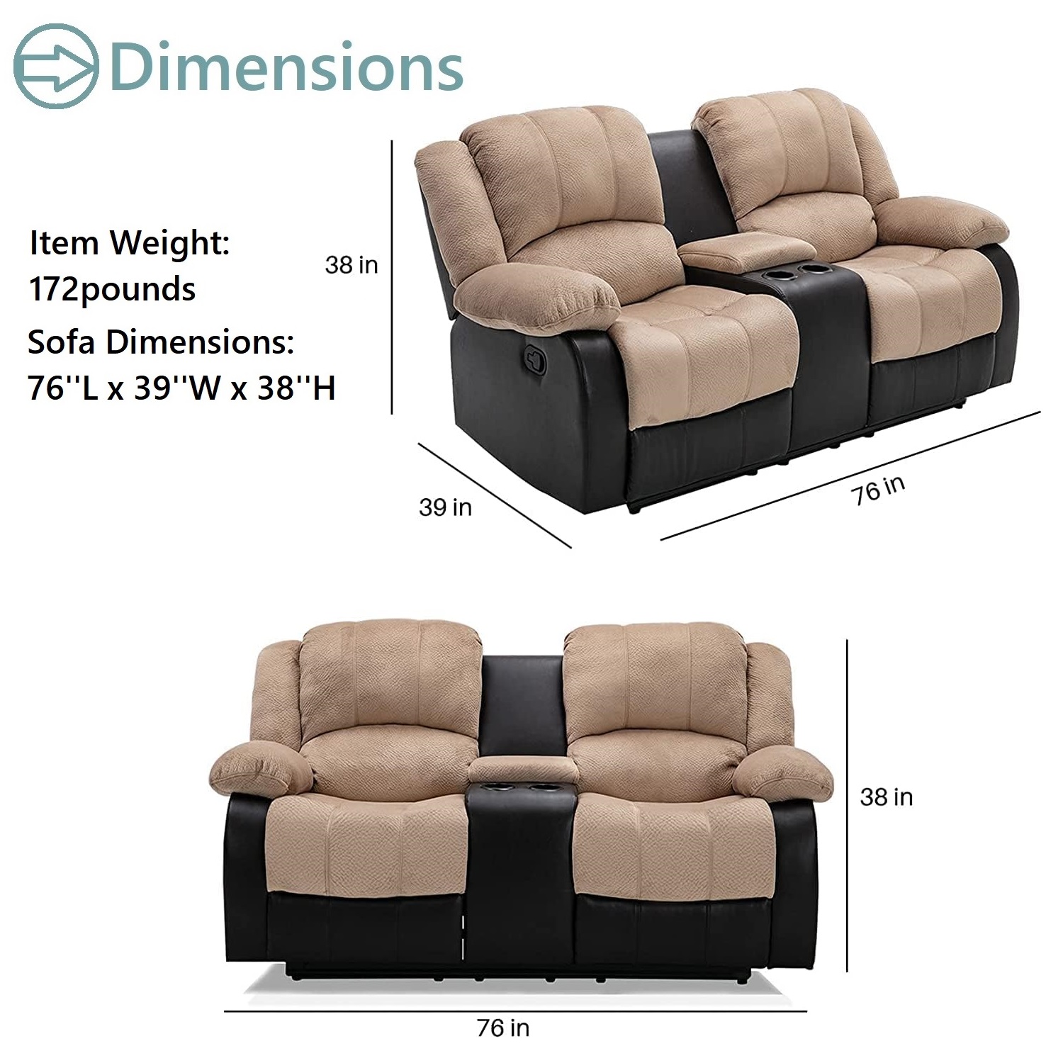 Nathaniel Home Manual Reclining Sofa, PU Leather Upholstered Double Recliner Loveseat, 2-Seater Home Theater Seating with Console, Arm Sofa Recline Chair for Living Room, Beige