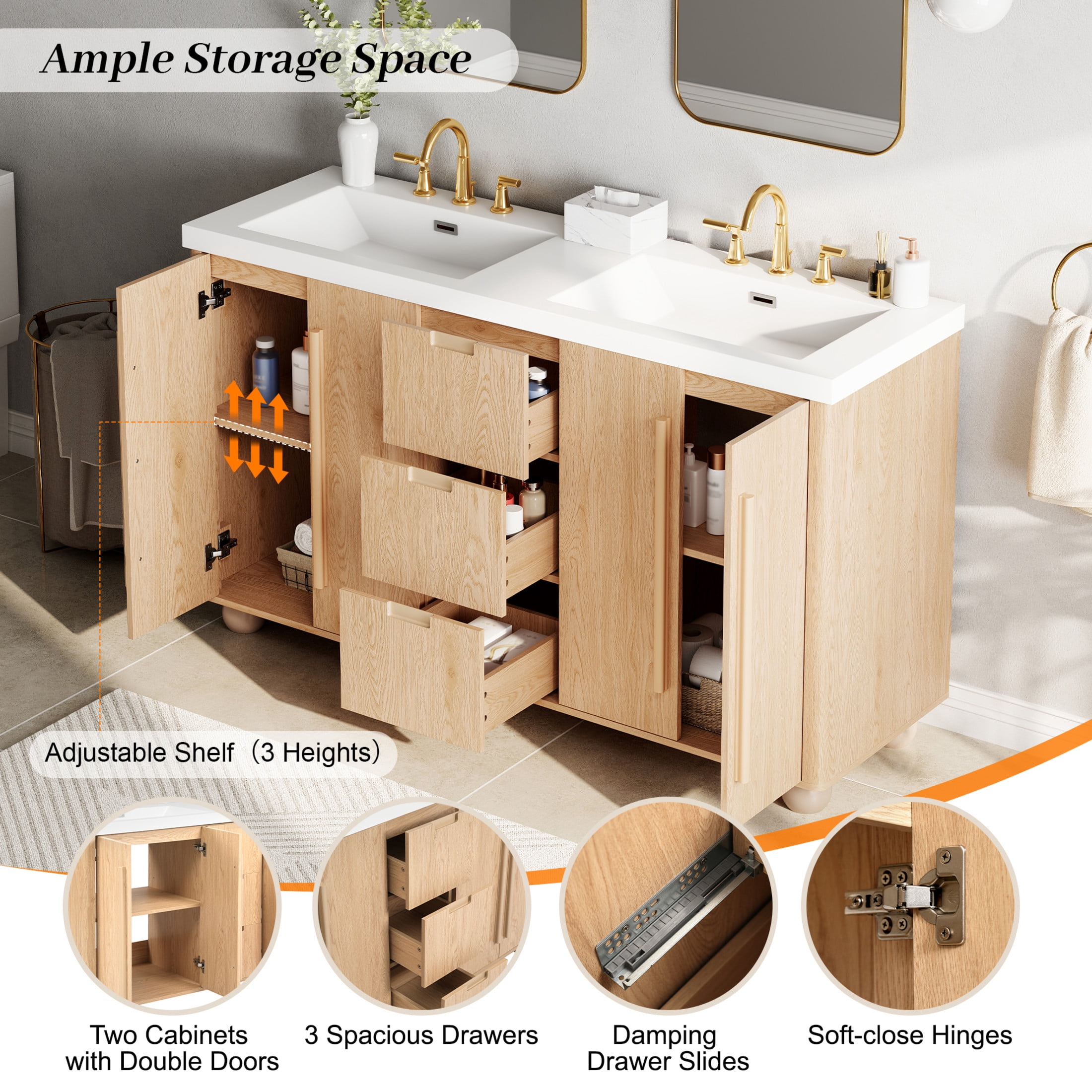 Christopher Knight Home 58.3" Bathroom Vanity Cabinet Only with Soft-Close Doors and Drawers, Wood