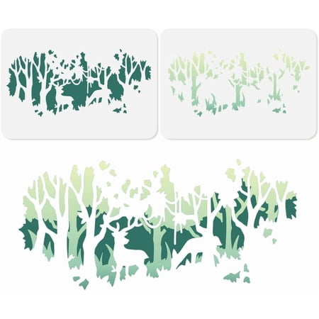 2Pcs Layered Forest Wall Stencil Templates 11.69 x 8.27 Inch Reusable Plastic Trees Stencils for Painting on Wood Wall Floor Fabric Glass Furniture DIY Home Decor Stencils Craft Drawing Stencils
