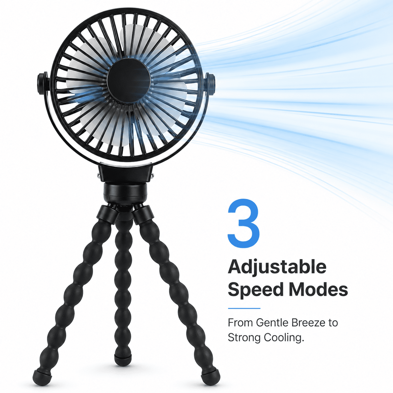 Portable Baby Stroller Fan - Black, Rechargeable, with Tripod, Type-C Charging, and Adjustable Speed