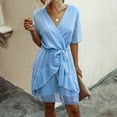 thumbnail image 2 of Fridja Lady V-neck Solid Color Chiffon Elastic Waist Ruffled Short-Sleeved Dress, 2 of 8