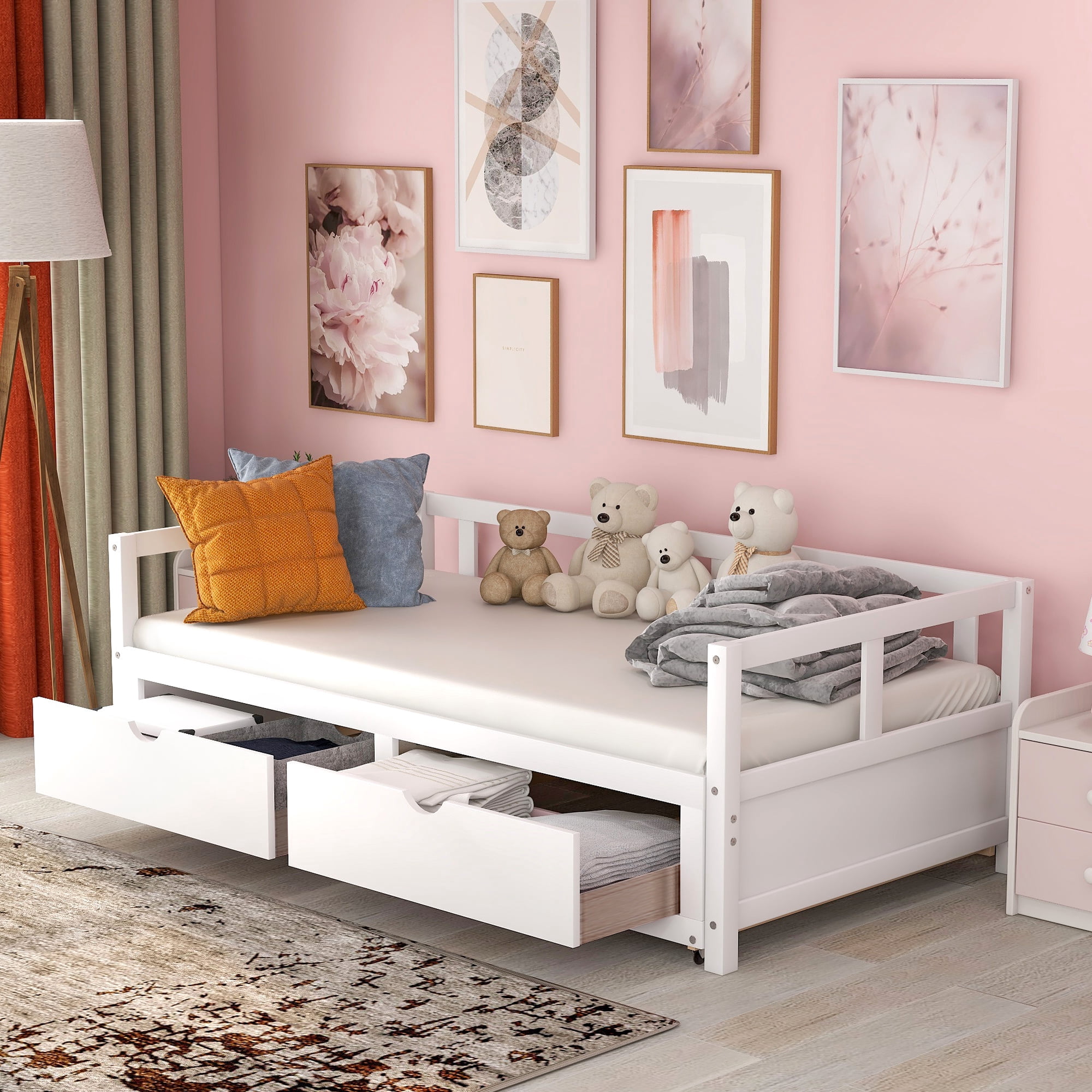 Gewnee Solid Wood Twin Size Extending Daybed with Two Storage Drawers,White