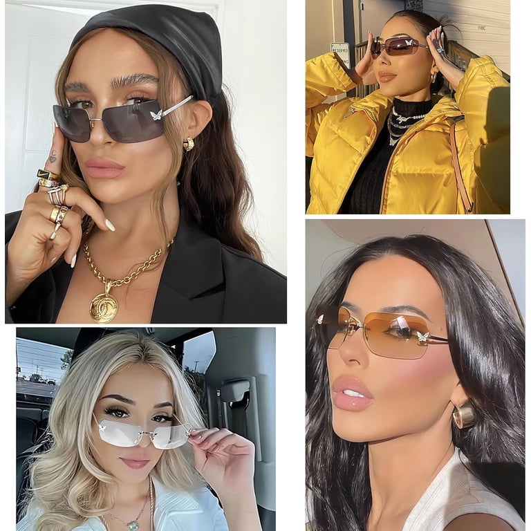 Rimless Rectangle Y2k Sunglasses for Women Men Cute Small Clear