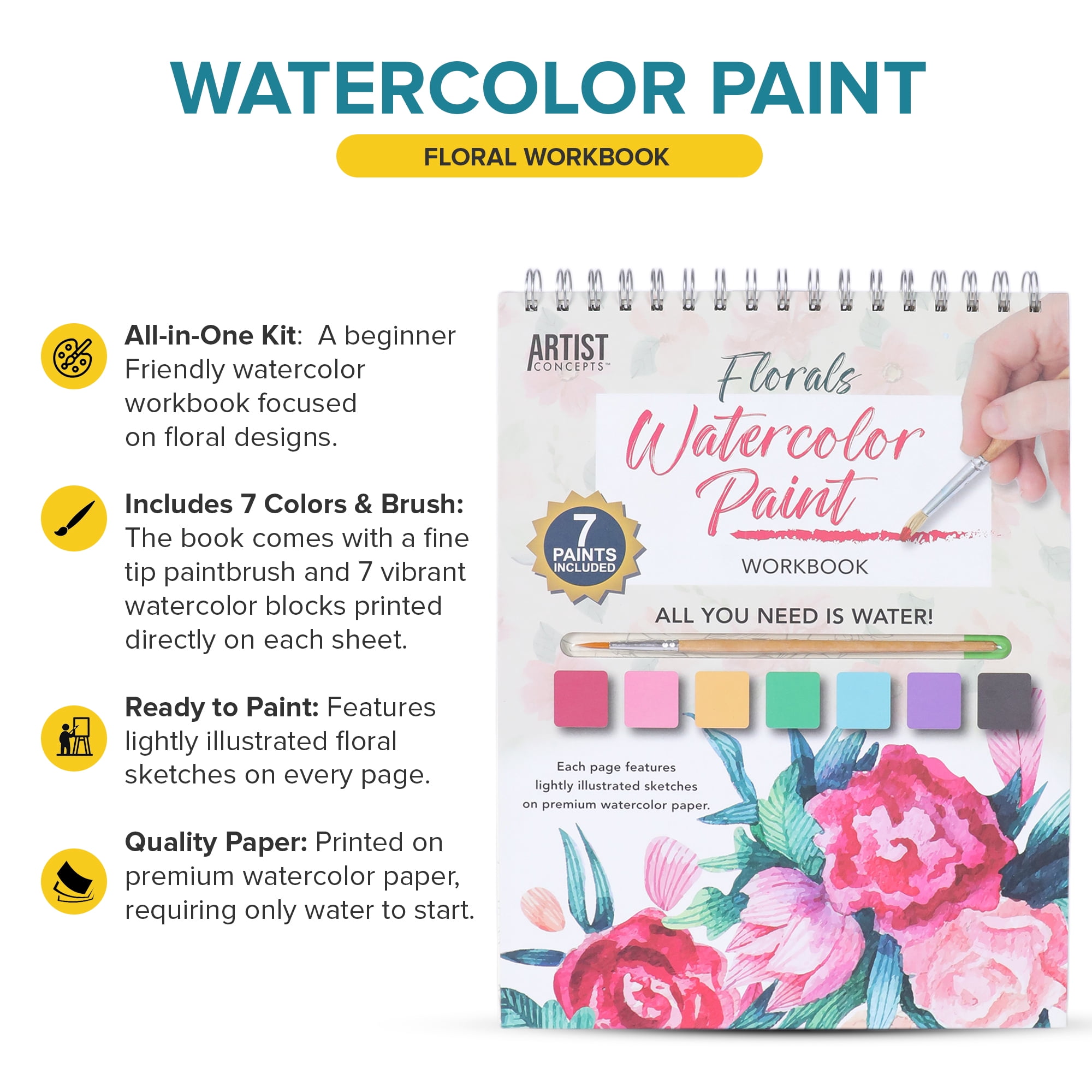 Artist Concepts Watercolor Coloring Book with Watercolor Paint Set, Art Supplies, Floral