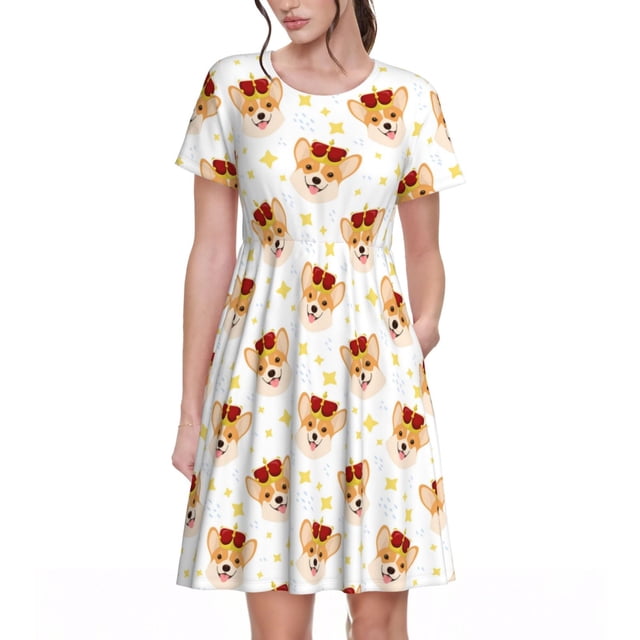 Disketp Funny Corgi para Vestido de Manga Corta para Mujeres, Vestidos de Verano para Mujeres, Casual y Holgado para la Playa