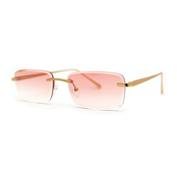 Rimless Narrow Rectangle Luxury Beveled Lens Dad Shade Sunglasses Gold - Pink