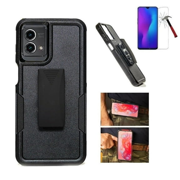 Phone Case for Motorola Moto G Stylus 5G (2023), Belt Clip Holster with Built-in Kickstand   Tempered Glass (Black)