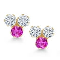 thumbnail image 2 of Gem Stone King 14K Yellow Gold White Moissanite and Pink Sapphire Three Stone Stud Earrings for Women | 0.67 Cttw | Gemstone | Round 3MM, 2 of 4