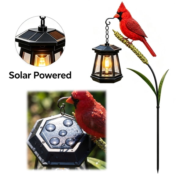 Akmoler Cardinal Solar Lights - Solar Garden Lights Outdoor Waterproof, Metal Red Bird Lantern, Warm Glow Lantern, Outdoor Stake Yard Decor for Yard, Patio, Lawn, Pathway, Garden (1PC)