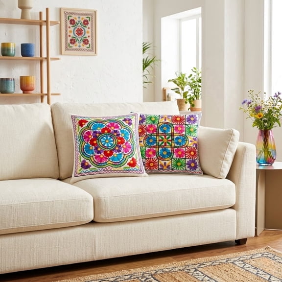 Colorful Floral Mandala Cushion Covers Set, Vibrant Boho Flower Pattern Pillow Covers, Decorative Square Throw Pillowcases for Sofa 16X16