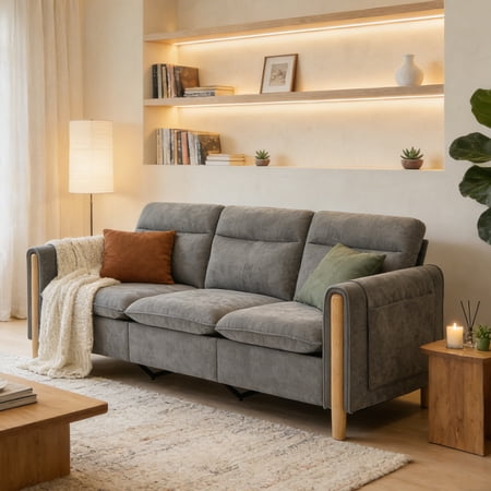 MOONMISS 3-Seater Chenille Sectional Sofa with Side Pocket for Living Room,Gray