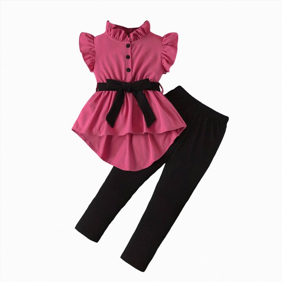 mgoYE Girl's 2 Piece Outfits Ruffle Sleeve, Peplum Top, Leggings, Bowknot, Flowy Hem, School, Beach, Daily Wear, Sports 5-6 Years