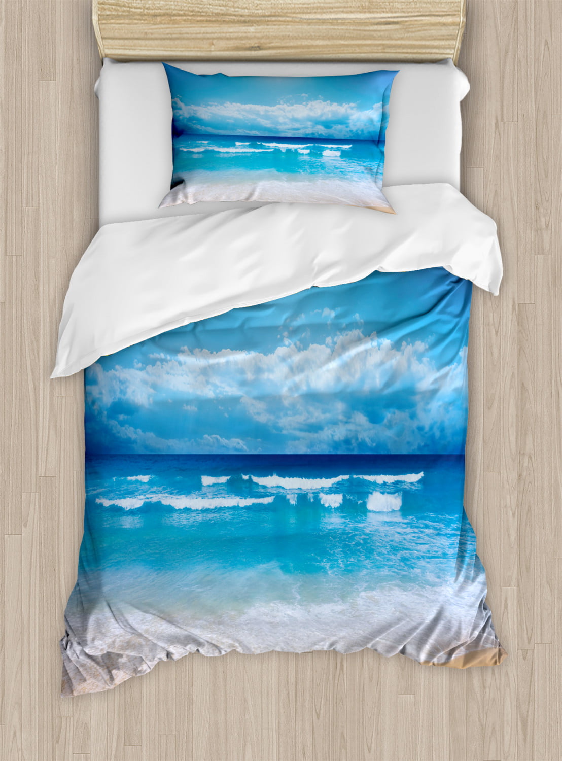 Beach Bedding Ocean Duvet Cover Twin Cloud Hawaiian Palm Tree Waves Comforter Cover Tropical Island and Sea Beach Nature Theme Print bedding Blue,Zipper Decorative Bedding Set with 1 Pillow Sham