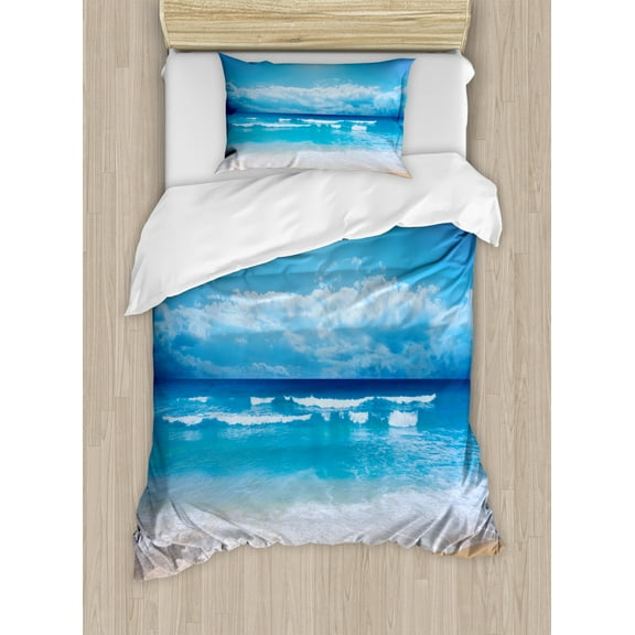 Beach Duvet Cover Set, Seascape Theme Landscape of the Beach and the Cloudy Sky in Summer Digital Print, Decorative 2 Piece Bedding Set with 1 Pillow Shams, Twin Size, Sand Brown Blue, by Ambesonne