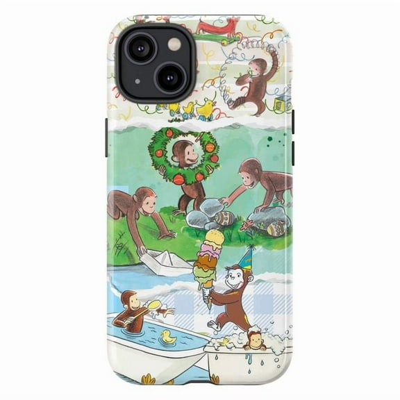Curious Monkey Seasonal Collage Phone Case, Cute Holiday & Everyday Adventures Aesthetic Protective Cover for iPhone 16 15 14 13 12 11 Pro Max Plus Mini