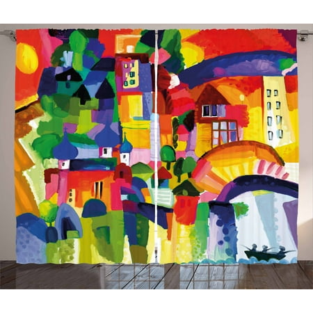 Art Curtains 2 Panels Set, Modern Vivid Abstract Architectural Buildings Urban Apartment Houses Village Landmark, Window Drapes for Living Room Bedroom, 108W X 108L Inches, Multicolor, by (Best Apartment Buildings In Dc)