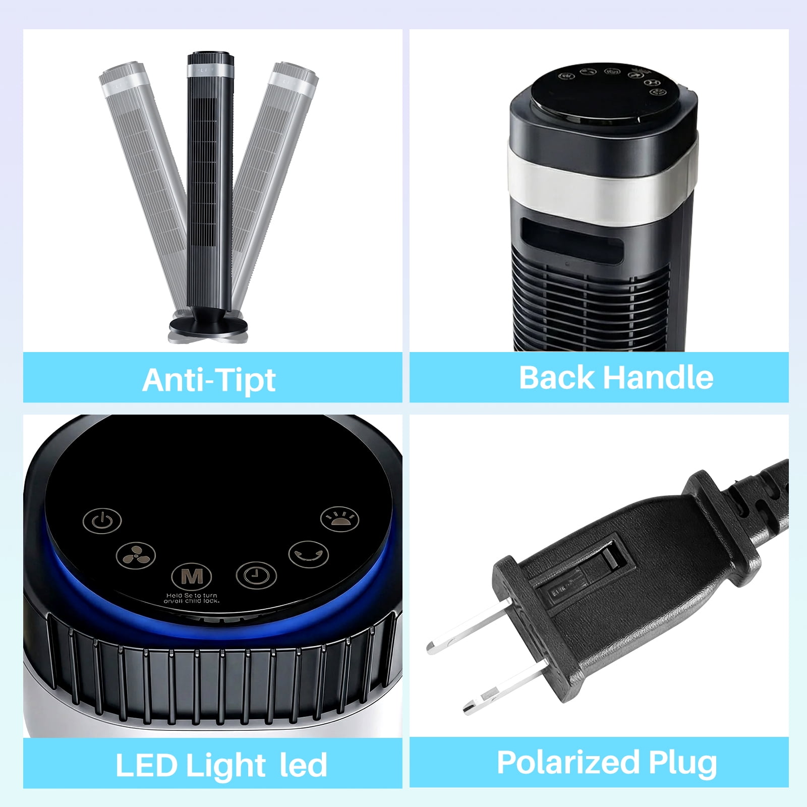 Tower Fan for Home, 64° swivel Standing Floor Fan with Remote, Bladeless Fan Cold Air Quiet, 5 Speeds, 4 Modes, LED Display, Black