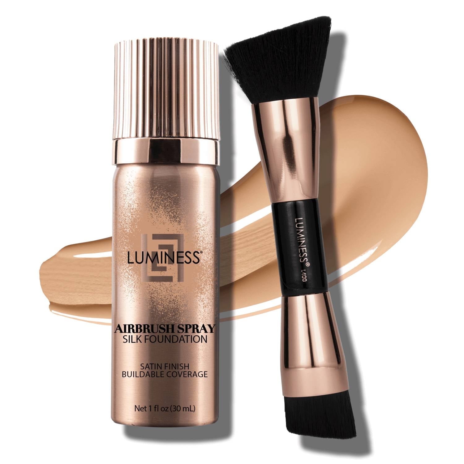 LUMINESS Silk Airbrush Spray Foundation 2PC Kit - Foundation & Dual-Sided Angled Makeup Brush -Buildable Coverage, Anti-Aging Formula, Humidity Resistant, Hydrates & Moisturizes, 1fl oz, Light Medium