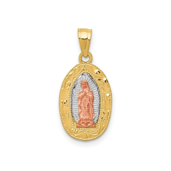 10K Two-Tone Rhodium-Plated Lady of Guadalupe Oval Pendant, Polished, 22.09 mm
