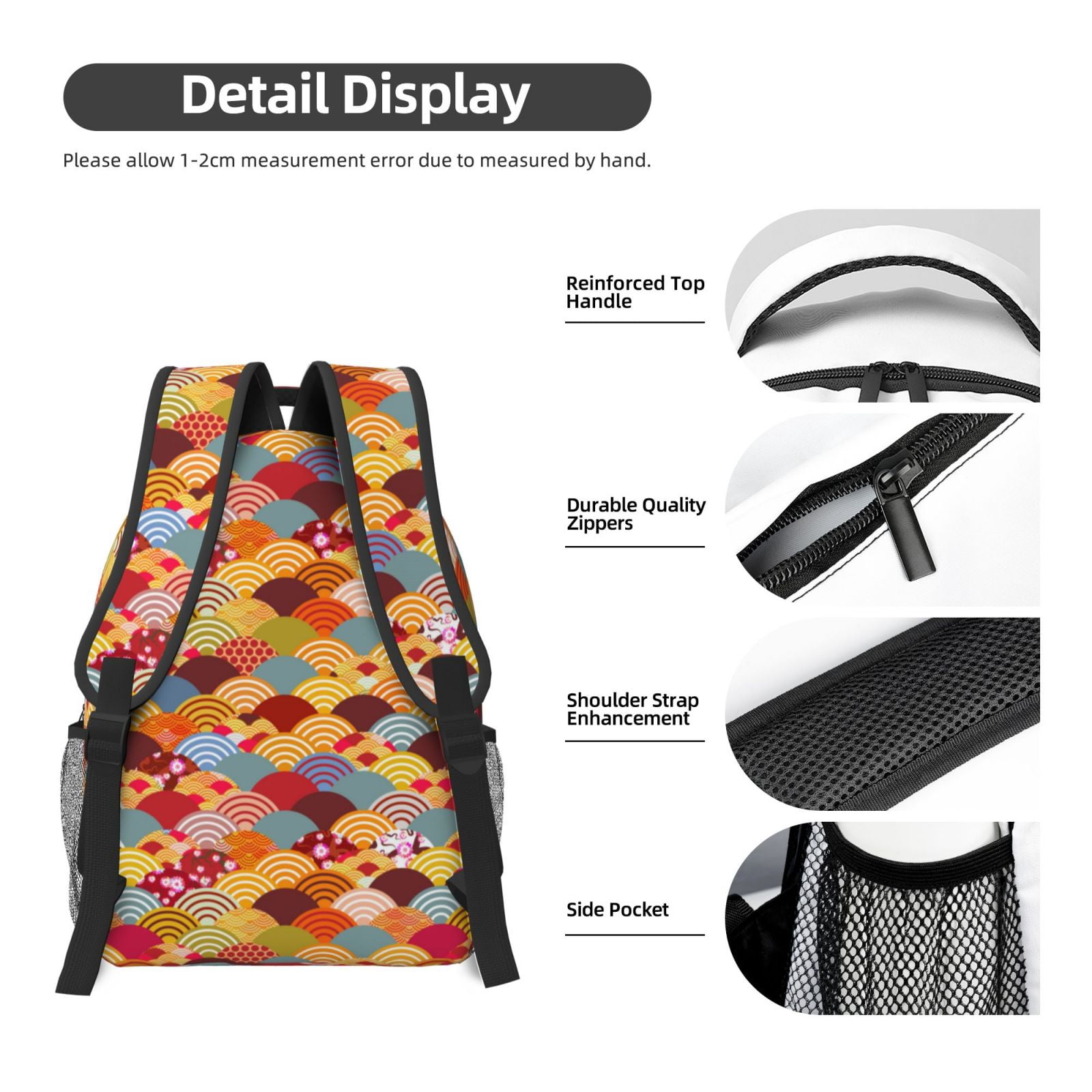 Rateoe Japanese Style Fish Scales Pattern Durable Student Backpack Laptop Bag- Ergonomic Design, Waterproof Twill Fabric - Ideal for School, Travel, and Outdoor Activities