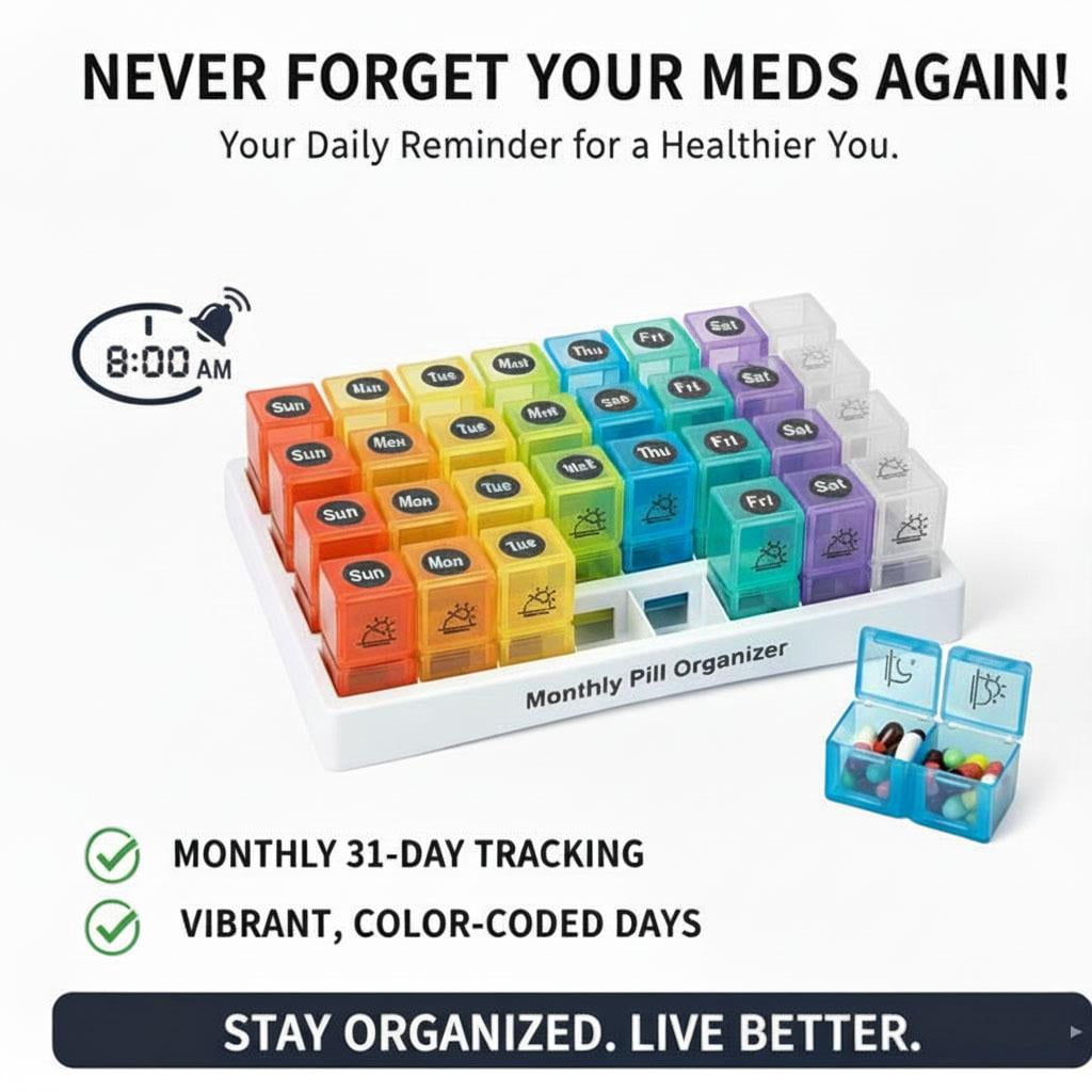 Never Miss a Dose | 31-Day High-Capacity Pill Organizer, 32 AM/PM BPA-Free Compartments | Portable Travel Medication Box