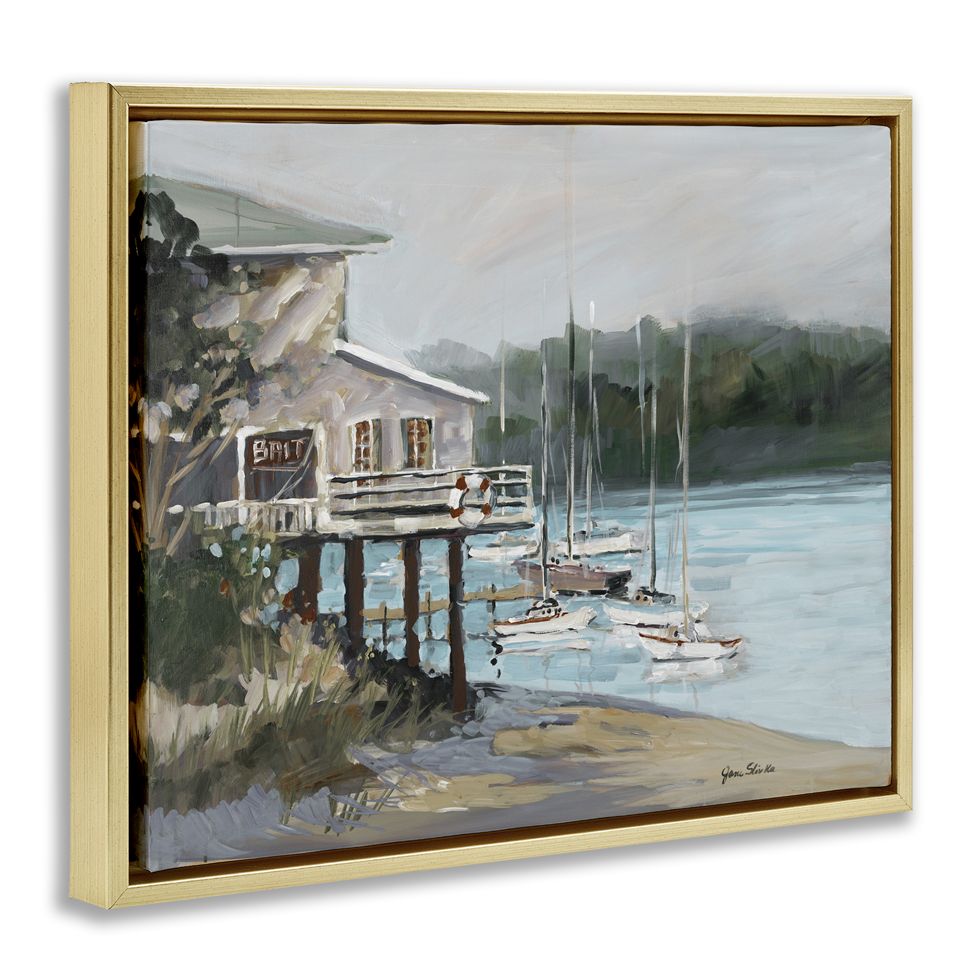Stupell Industries Boat Marina Harbor Coastal Painting Gold Floater Framed Canvas Art Print Wall Art, 21 x 17