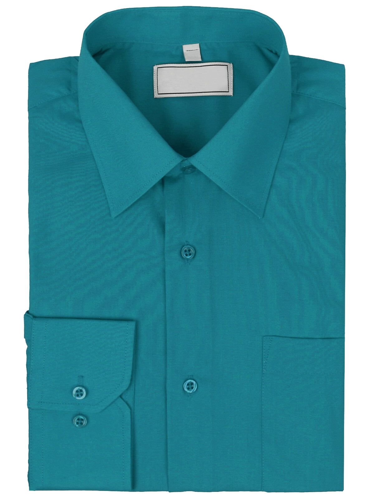 Men's Regular Fit Solid Dress Shirt - Teal, Convertible Cuffs, 16.5 Neck 35 Sleeve, 60/40 Cotton Polyester