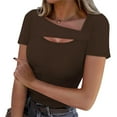 thumbnail image 2 of RYRJJ Womens Summer Tops Casual Short Sleeve Slim Fitted Y2K Shirts Ribbed Knit Cutout Blouse Top(Brown,XXL), 2 of 8