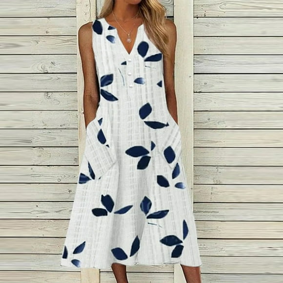 EGNMCR Summer Dresses Women Trendy 2024 Women's Summer Casual V-Neck Sleeveless With Pocket Leaf Stripe Printed Dresses