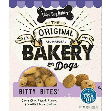 (3 Pack) Three Dog Bakery Bitty Bites Carob, Peanut Butter and Vanilla Limited Ingredient Dry Dog Treat, 13