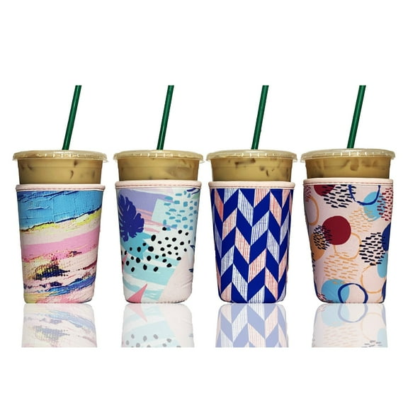 4-Pack Medium (22-24oz) Reusable Neoprene Insulator Sleeve for Iced Coffee or Cold Beverage Cups (Abstract Pastel)